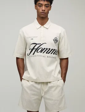 Men's Oversized Half Sleeve Stripe Polo Shirt and Short Set Stone Size Large Stone L - boohooMAN - FashionsVida