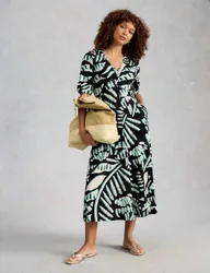 Cotton Blend V-Neck Midi Tea Dress Black Mix female