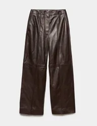 Leather Pintuck Straight Leg Trousers Brown female