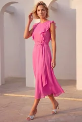 Women's Chiffon Frill Front Midi Dress in Pink Size: 10 - Pink - Size: 10