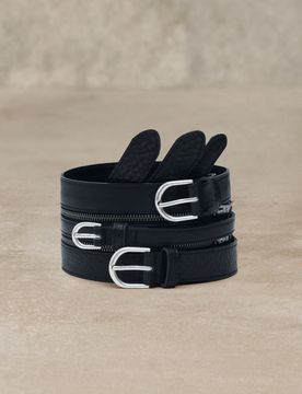 Ceinture triple ceinturon cuir studio, Cow Leather, Noir, 85