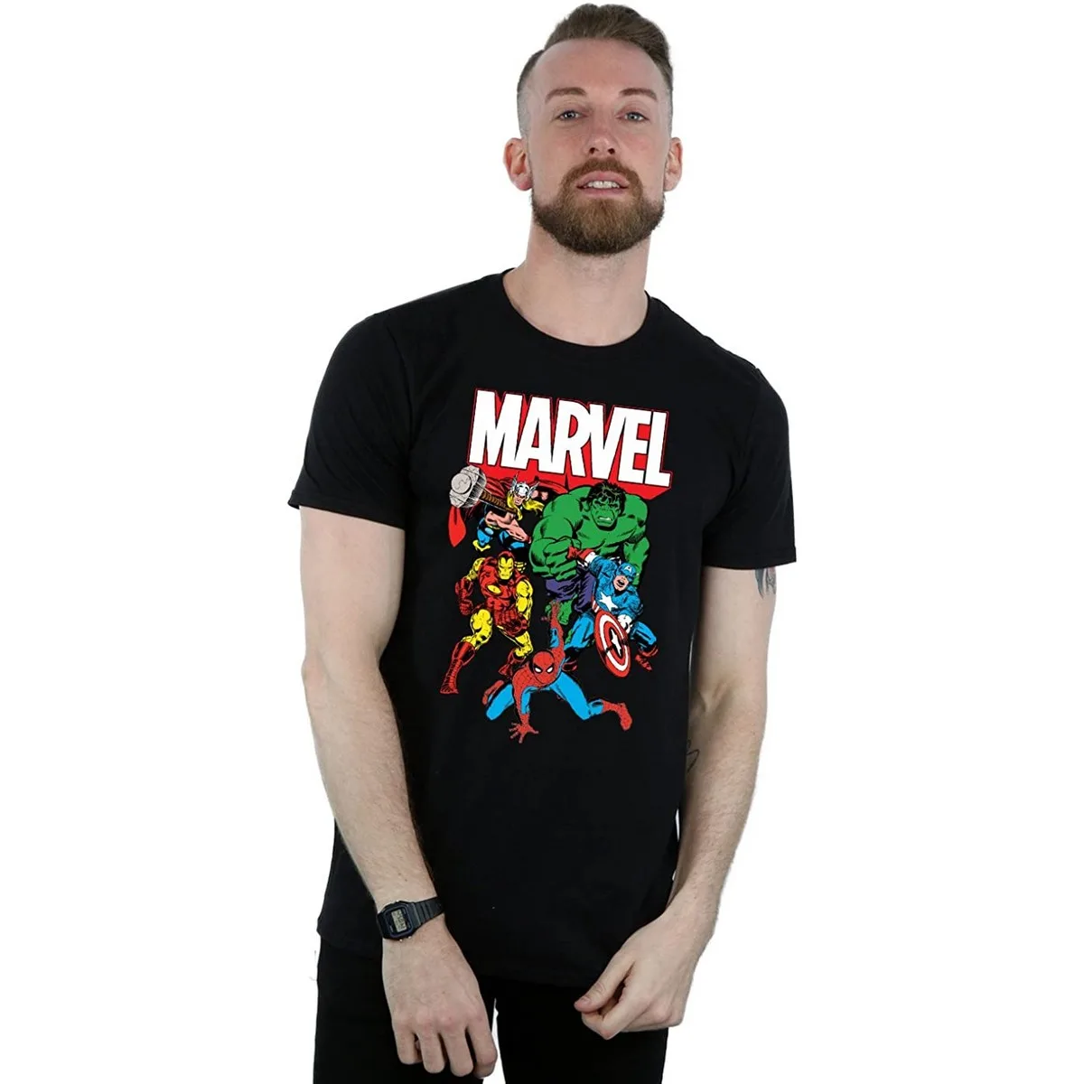 Mens Hero Group Cotton T-Shirt (Black) - Size Small - Marvel - FashionsVida