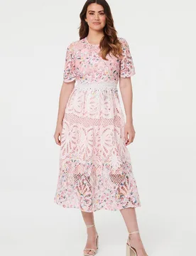 Women's Floral Mesh Layer 1/2 Sleeve Midi Dress Size: 16 - Multicolor - Size: 16 - Izabel London - FashionsVida