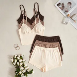 Set de pijama de 6 piezas/paquete con top de tirantes y shorts de unicolor cómodos para mujer