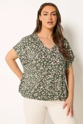 Women's Floral Elasticated Hem T-Shirt in Dark Olive Size: 20 - Dark Olive - Size: 20