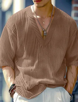 Summer Half Sleeve Knit T-Shirts Men Elastic Loose Tops Fashion V-Neck Casual Tees Male Knitting Pull On T Shirt Streetwear Man - Aliexpress - FashionsVida