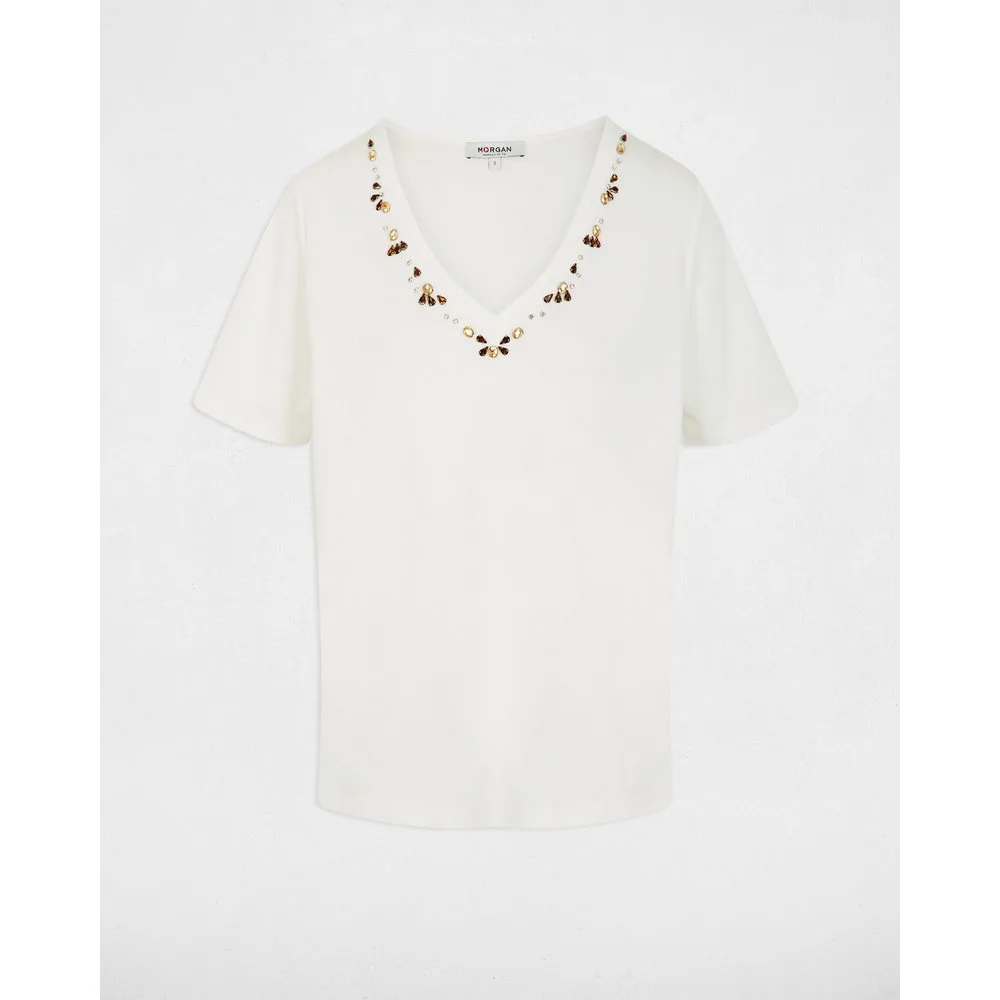 Camiseta de mujer escote pico con pedrería - Morgan - FashionsVida