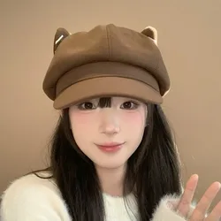 Cute Solid Color Cat Ear Hat Y2K Woolen British Beret Hat Adjustment Japanese Style Octagonal Cap Girls