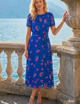 Women's Floral Pleated Chiffon Dress in Blue Size: 10 - Blue - Size: 10 - Roman - FashionsVida