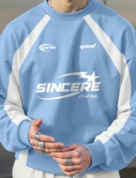 Sudadera de cuello redondo con estampado de letras, manga raglán y manga larga, color azul claro, estilo streetwear de los 90, sudadera casual para h - Shein - FashionsVida