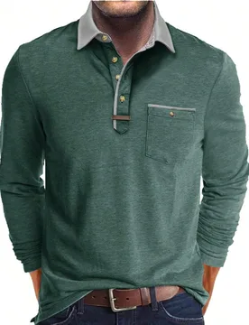Camisa polo de manga larga para hombre de talla grande, top henley con cuello vuelto y bolsillo de moda - Shein - FashionsVida