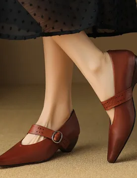 Women's New Spring and Autumn Genuine Leather Cowhide Pointed Middle Heel Metal Elastic Belt Buckle Mary Jane Shoes Fashion Shoe - Aliexpress - FashionsVida