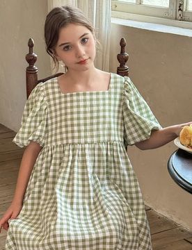 Vestido informal ajustado con cuello cuadrado y manga abullonada para niña preadolescente de unicolor