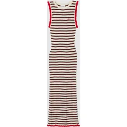 Vestido midi de punto fino con estampado de rayas y volantes