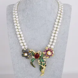 Strands White Pearl With CZ Pave Flower Pendant Necklace