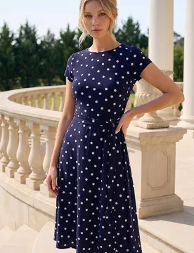 Women's Spot Print Jersey Stretch Dress in Navy Size: 14 - Navy - Size: 14 - Roman - FashionsVida