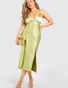 Womens Plus Satin Cross Back Midi Slip Dress - Green - Size 26 Uk - Boohoo - FashionsVida