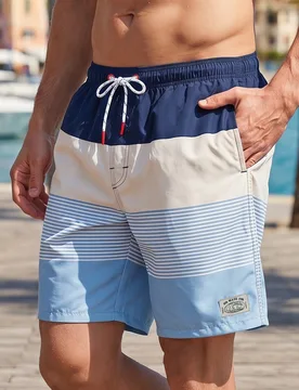 Pantalones cortos de playa con cintura de cordón y bolsillos a rayas para hombres, vacaciones - Shein - FashionsVida