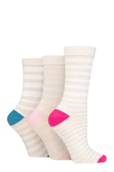 Women's 3 Pair SOCKSHOP Patterned Bamboo Socks Stripe Oatmeal 4-8 Ladies - Cream - Size: Small
