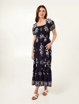 Square Neck Shirred Waist Puff Sleeve Midi Dress - L/XL / NAVY - female - Blue Vanilla - FashionsVida