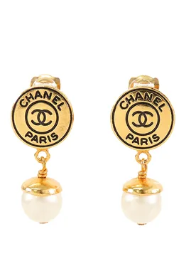 CC Gold Plated Faux Pearl Drop Clip On Earrings - Chanel - FashionsVida