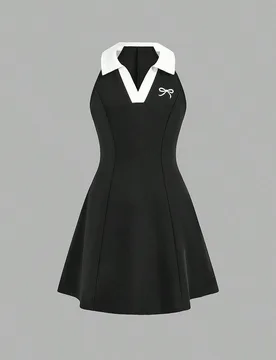 Vestido negro y blanco de corte evasé con cuello en V sin mangas y cintura ceñida con estampado de moño para niñas preadolescentes, estilo colegia - Shein - FashionsVida