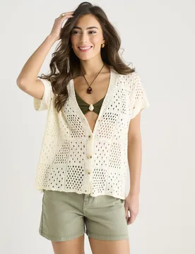 Womens Beige Crochet Button Front Cardigan - Size Medium/large - Gini London - FashionsVida