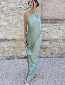Roma Dress in Sage Green Satin — Halterneck Maxi Bridesmaid Dress - 8 - Rewritten - FashionsVida