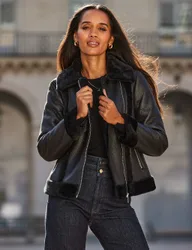 Faux Shearling Cropped Aviator Jacket Black female
