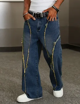 Jeans de pierna ancha con lavado vintage, parches y desgaste de moda callejera para hombres - Shein - FashionsVida