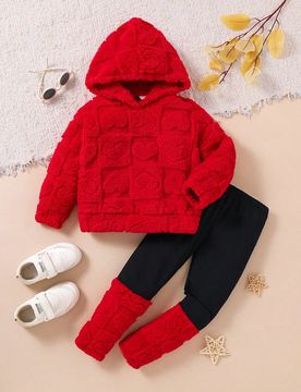 Conjunto de 2 piezas para niña joven con sudadera con capucha y leggings de color bloque con estampado de corazón, suave y esponjoso, para otoño e