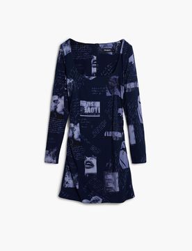Robe à col carré avec motifs de cartes postales, Viscose, Bleu, XS