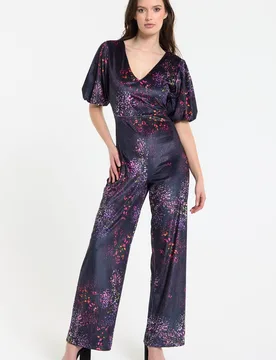 Floral Printed Velvet Wide Leg Jumpsuit - Multicolor - Size: S/M - Liquorish - FashionsVida