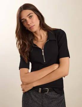 Pure Cotton Collared Half Zip Top Black female - Baukjen - FashionsVida