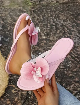 Sandalias de dedo estilo coreano con estampado floral de orquídea, minimalistas y elegantes, versátiles, planas, adecuadas para playa y vacaciones, - Shein - FashionsVida