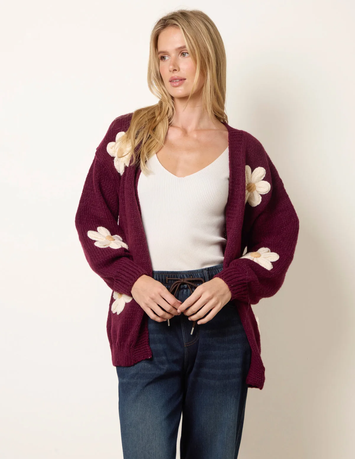 Daisy Large Flower Cardigan - S/M / WINE - female - Blue Vanilla - FashionsVida