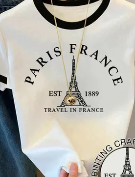 Camiseta informal y cómoda para niñas jóvenes, con estampado minimalista de la Torre Eiffel y la letra "PARIS", camiseta de manga corta a rayas de - Shein - FashionsVida