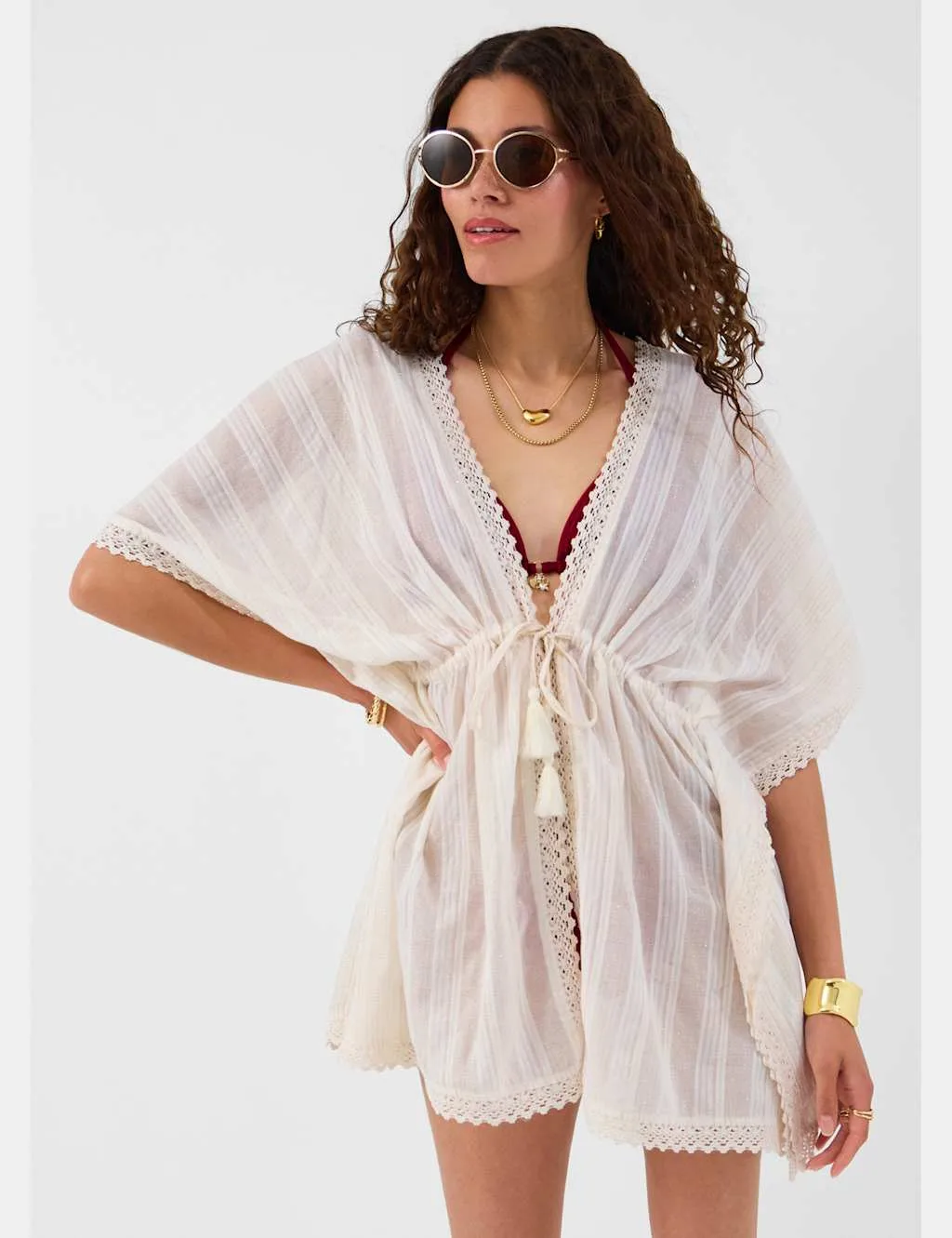 Cotton Rich Sparkly Lace Trim Mini Kaftan Ivory female - Accessorize - FashionsVida