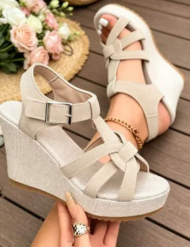 Sandalias de cuña de verano para mujer, cómodas y de moda, versátiles, con diseño hueco cruzado, tipo gamuza con punta abierta y tacón alto tipo - Shein - FashionsVida