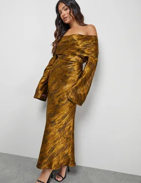 Women's Petite Shimmer Satin Foldover Bardot Bias Midi Dress in Chocolate Size: 6 - Chocolate - Size: 6 - Warehouse - FashionsVida