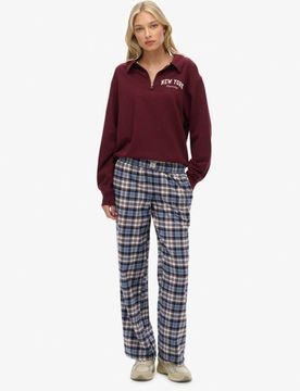 Superdry Damen Karierte Baumwollhose mit Elastikbund Blue - Größe: 38