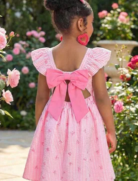 Nuevo vestido casual de vacaciones con estampado de corazón colorido, cuello con volantes, espalda descubierta y lazo, tejido de manera adorable. Ade - Shein - FashionsVida