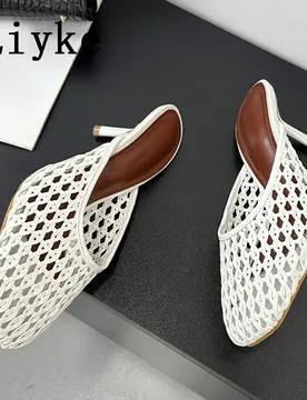 Hlieny Sexy Hollow Out Leather Mesh Women Pumps Slippers Fashion Square Toe Thin Low Heels Mules Shoes Slingback Sandals White - Aliexpress - FashionsVida
