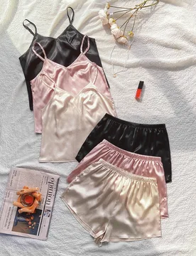 Set de pijama de 3 piezas con camiseta de tirantes y pantalones cortos de unicolor para mujer - Shein - FashionsVida