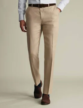 Slim Fit Pure Linen Flat Front Trousers Taupe male - Charles Tyrwhitt - FashionsVida