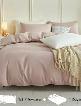 Juego de ropa de cama rosa loto de 2/3 piezas, funda nórdica de unicolor, minimalista, cómoda y amigable con la piel, apta para cama individual/dobl - Shein - FashionsVida