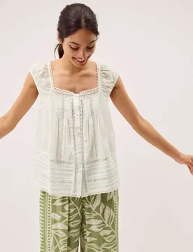 Pure Cotton Broderie Square Neck Blouse Ivory female - Monsoon - FashionsVida
