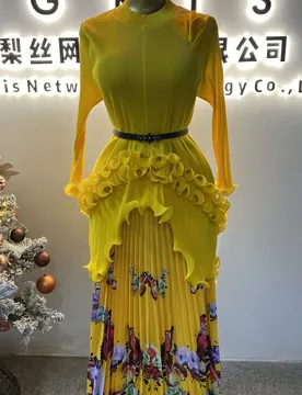 Fashionable and casual pleated skirt top and long skirt set with fashionable prints and embroidered lace trim-GZXX056 - Aliexpress - FashionsVida