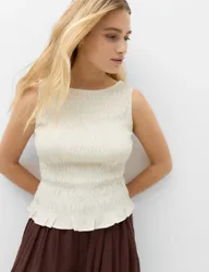 Slash Neck Shirred Top with Linen Ivory female