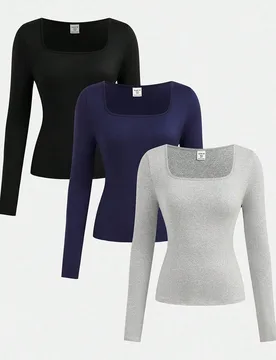 Set de 3 camisetas de manga larga de cuello redondo de unicolor, ajustadas y a juego, para adolescentes niñas, tops ajustados de otoño/invierno, paq - Shein - FashionsVida